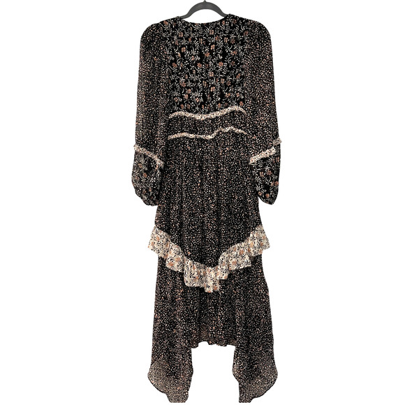 NEW! Ulla Johnson XS Primrose Dark Floral Silk Dress Boho Patchwork Long Sleeve - Picture 5 of 12